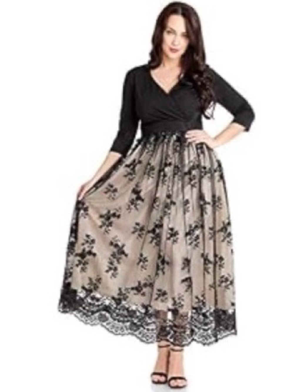 Black & Nude Sequin Lace Midi Dress 3/4 Sleeve